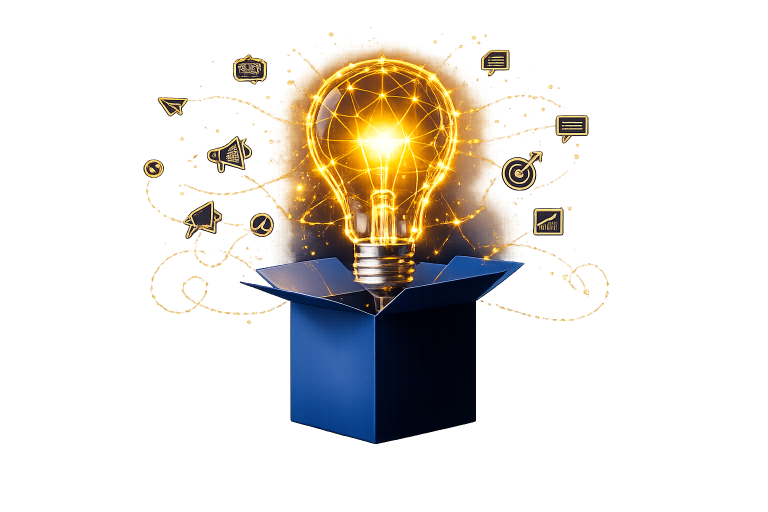 Idea bulb bursting from a box